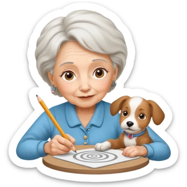 An elderly woman sketching her puppy face on the spiral pad. sticker