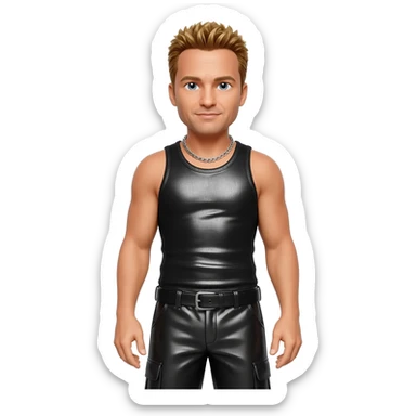 Donnie Wahlberg from NKOTB with golden brown hair, black metallic tank top, black metallic baggy pants, silver necklace sticker