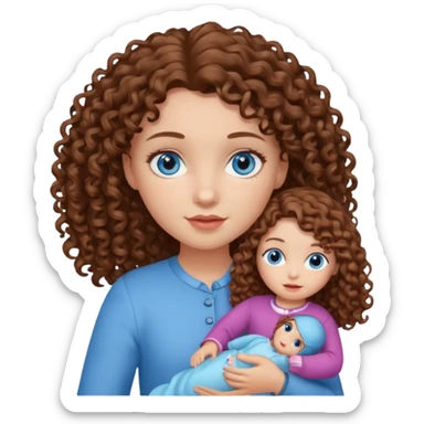 Una niña con ojos celestes y pelo rizado con piel blanca y con una muñeca  sticker