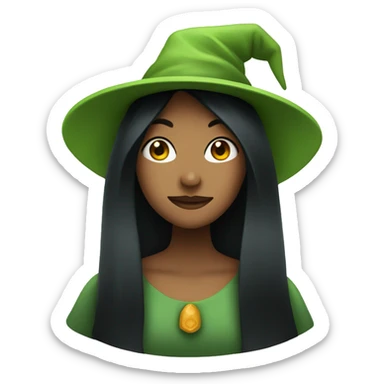 green woman with black hair and a witch cap sticker