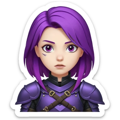 mysterious warrior girl with flowing purple hair, dressed in black armor, looking determined sticker