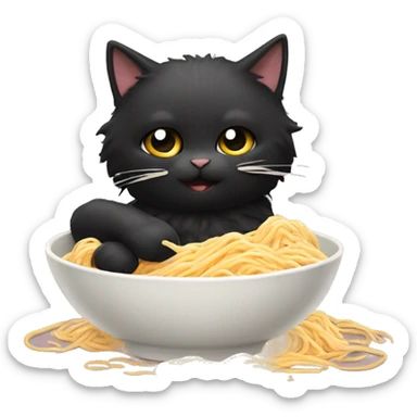 Fluffy black cat eating buldak noodles  sticker