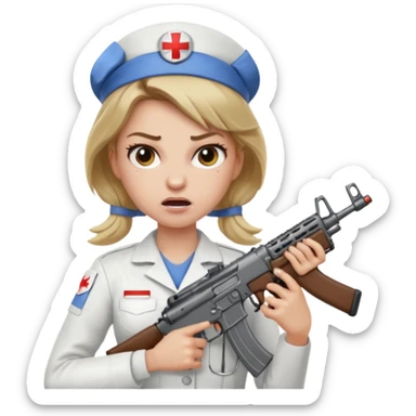 angry dark blonde nurse with an assault rifle sticker