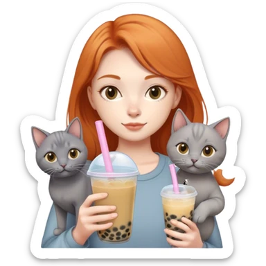 a ginger girl holding a bubble tea and a grey korat cat sticker
