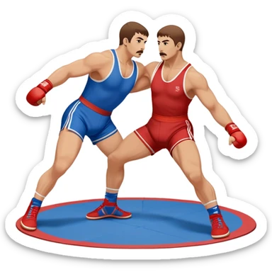 Two Sambo fighters in blue and red gis with shorts and wrestling shoes, executing gripping and throwing techniques. The fighters are engaged in a dynamic, action-packed moment with no strikes. The background features a wrestling mat, focusing on the technique and control. Transparent background  sticker