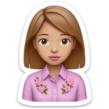 A girl with light pink lipstick light brown hair wearing a button up with little flowers that are pink sticker