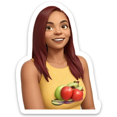 smiling girl with fruit sticker