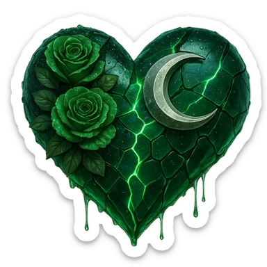 Edit the gothic heart to feature splintered deep green glass, silver crescent moon, green roses, holographic stardust, neon lightning, and a wet look. Keep the background transparent. The style should maintain the gothic heart's original look with a transparent background. sticker