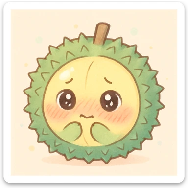 chibi-style round durian character with a green spiky shell and yellow flesh, blushing and shy with sparkly eyes, in pastel tones sticker
