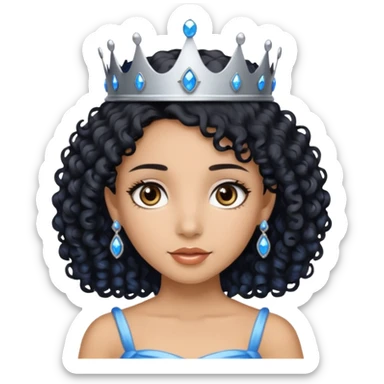 Por favor hazme el emoji de la princesa pero con piel canela con el pelo negro y rizado, los ojos marrones y la corona plateada con jollas azules sticker
