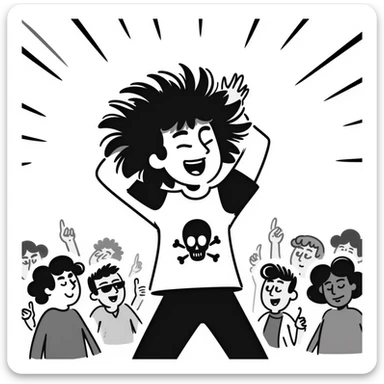 A person enthusiastically headbanging at a concert, wearing a band shirt with wild hair flying sticker
