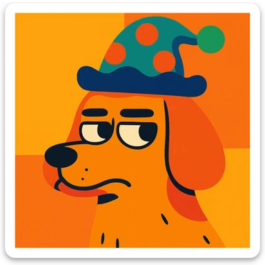 a dog giving a side eye, wearing a whimsical hat, lighthearted illustration, vibrant colors sticker