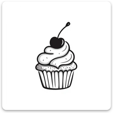 cupcake with pink icing, hand-drawn doodle style, simple lines, playful sticker