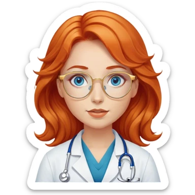 Girl doctor wavy orange red hair blue eyes in gold glasses  sticker