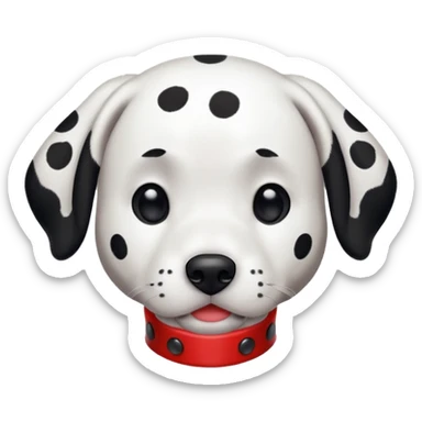 A Dalmatian with a red collar sticker