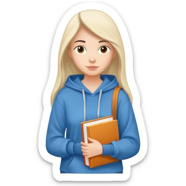 A flat-style illustration of a woman college student with a tote bag over her shoulder and a book in one hand. The student wears a hoodie. Clean cartoon style, white background, iOS emoji aesthetic. sticker