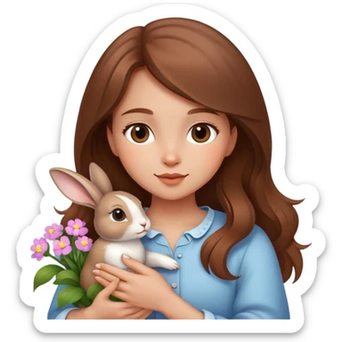 A beautiful brown-haired girl holding a little rabbit in the flowers sticker