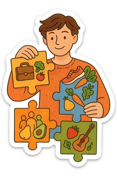 a person is surrounded by puzzle pieces, each representing a different aspect of their life (work, exercise, family, leisure), and healthy foods are integrated into each piece. The person assembles the puzzle, creating a complete, personalized nutrition plan. The mood is uplifting and creative. in italiano sticker