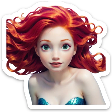 Cinematic Realistic Red Hair Mermaid Portrait, head tilted dramatically with an exaggeratedly amused expression, featuring a striking, vibrant form with meticulously detailed, flowing red hair and luminous porcelain skin. Her expressive eyes burst with playful marine mischief, rendered with dynamic underwater lighting and vibrant textures that convey an air of cheeky oceanic whimsy and over‐the‐top mermaid charm. sticker