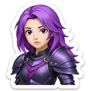 A mysterious warrior girl with flowing purple hair, dressed in black armor. sticker