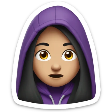 girl with long black hair, purple eyes, and purple hoodie looking scared sticker