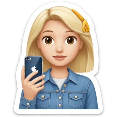 A blonde pretty girl wearing a denim skirt holding an iPhone 16 sticker