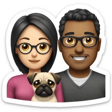 A family with a mom with brown baby hair and glasses a dad with black hair and glasses and a daughter with dirty blonde hair and a pug and a white fluffy dog sticker