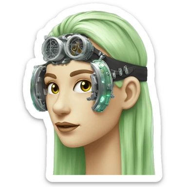 Light green long hair female cyborg head with silver steampunk goggles as a headband, circuits sticker