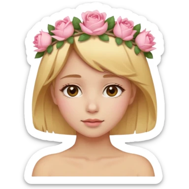 Light golden skin female, short honey-blonde hair, wearing a soft pink rose crown. sticker