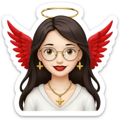 Angel girl with eyeglasses and Middle parted hair long dark hair with red lipstick  and push gold necklaces and dark eyes with withe wings and smile with withe teeth sticker