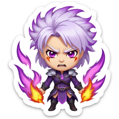 Chibi Sable Ward with rage expression, furious face, glowing purple eyes, white hair with purple streaks, flaming effect around her, angry expression sticker