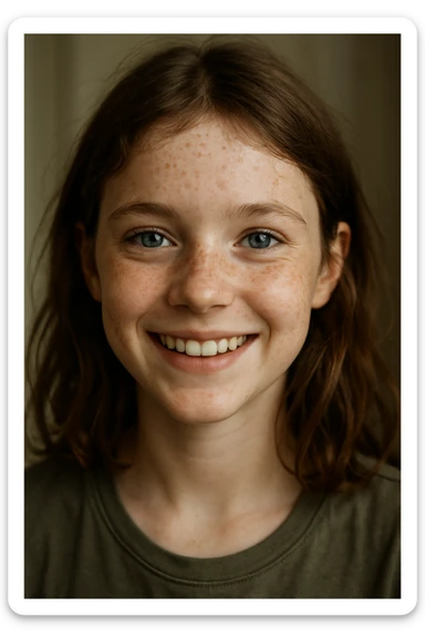smiling girl with dusty brown hair, sharp blue eyes, pale skin with freckles sticker