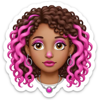 Cabelo grande cacheado, com mecha rosa no lado esquerdo, sou morena, tenho piercing na boca, tenho na sobrancelha, um ponto de luz no lado direito do nariz e do lado esquerdo uma argolinha  sticker