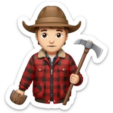 Man wearing buffalo plaid jacket and hat, with an 🪓  sticker