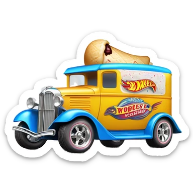 Hot rod, Hot wheels style, ice cream panel truck from 1934 with wide chrome mag wheels, blue, no ice cream on top of truck, open selling window.  sticker
