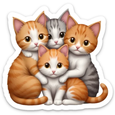 3 kittens cuddling together all different colours, the first one is grey and white, the second is ginger and white and the third is brown tabby and white sticker