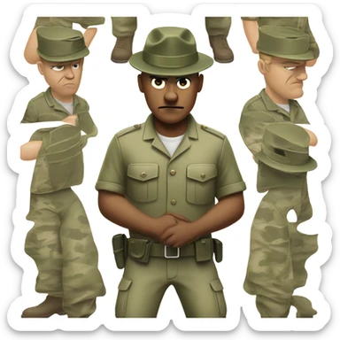 drill sergeant character wearing a classic sergeant hat and a camouflage army shirt. The character should have an angry intense expression. full torso sticker