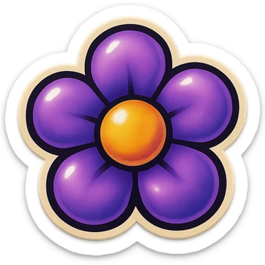 purple flower, cheerful, bold outlines, vintage sticker style sticker
