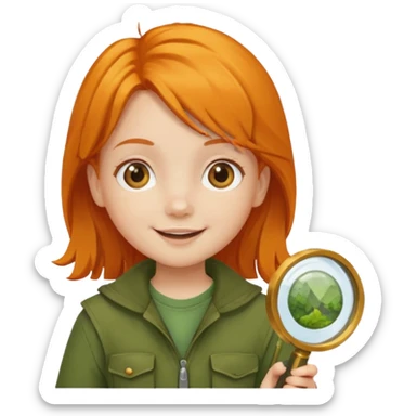 braid orange haired girl kid in moss green explorer outfit, holding magnifying glass, smile sticker
