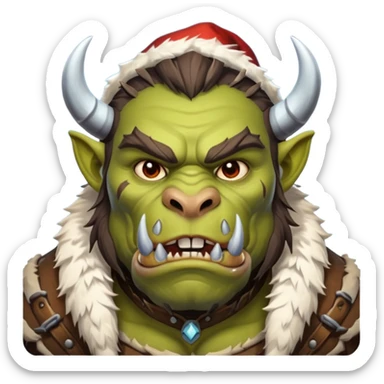 Fantasy Christmas orc beast tamer icon, winter wildlands theme, animal fur details, primal strong face, snowy wilderness atmosphere, stylized emoji portrait, male/female variant
 sticker