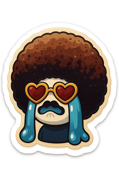 White circle face, afro, heart glasses, Crying with large tears, sobbing, lip quiver sticker