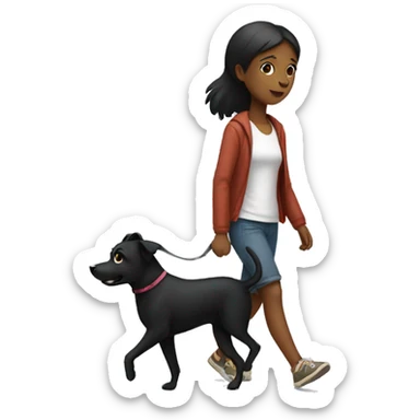 Girl walk with a black dog with white Chest sticker