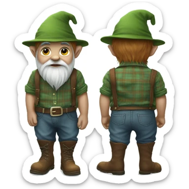 
Full-length gnome, young, with a blue woolen hat, brown boots and a green plaid shirt. The body should be cartoonish and not realistic. sticker