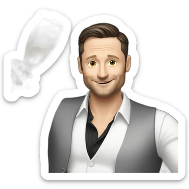 tim robinson dark black slicked back hair white shirt with a light grey vest spraying champagne sticker