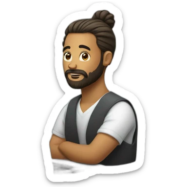 a man with a bun and beard at a laptop sticker