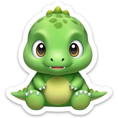 A tiny green baby dinosaur plush toy with extra large head and eyes sticker