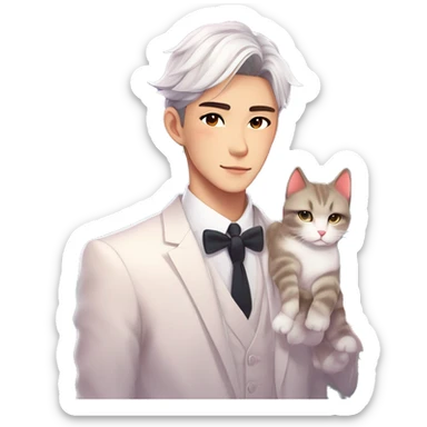 Gorgeous romantic anime style Asian formal modern gentlemanly guy with cat ears and flowers and blushing face aesthetic trending style outside with colorful gradient colors sticker
