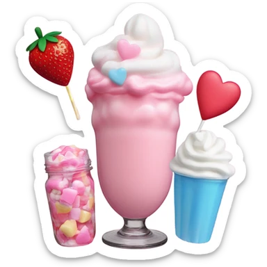 a strawberry milkshake topped with whipped cream, a candy marshmallow, a gummy candy heart, and cotton candy sticker