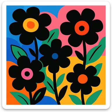 black flowers, vibrant toon style, colorful and lively sticker