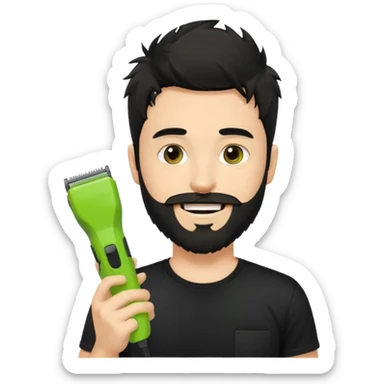 young fair-skinned man with messy black hair and beard, smiling, black t-shirt, holding a single small true-to-size lime green face beard trimmer in one hand sticker